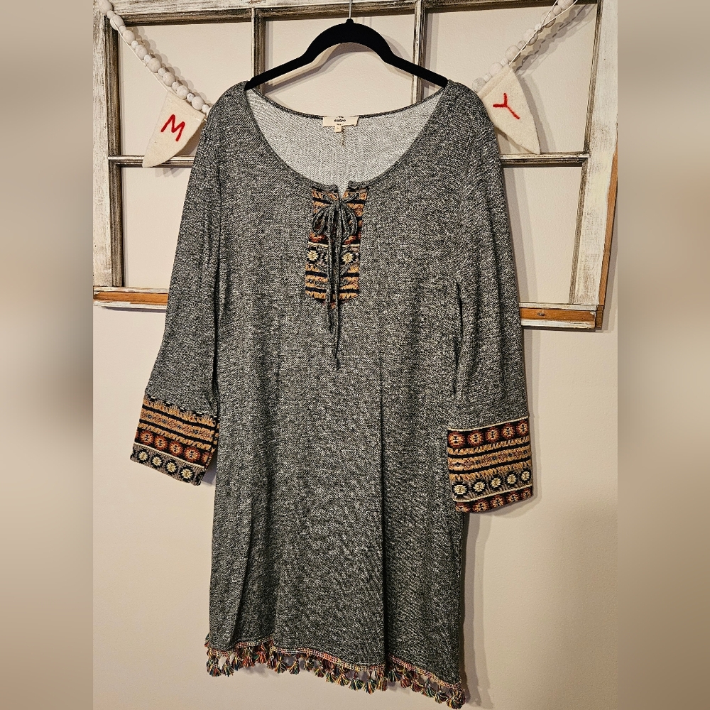 Entro Melange Shift Dress Women Aztec Tapestry Round Neck Knit Gray Size Large